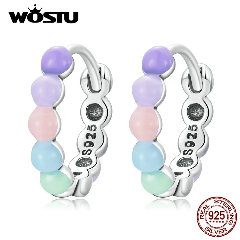 

WOSTU 925 Sterling Silver Round Rainbow Bean Hoop Earrings For Women Cute Candy Color Enamel Charm Drop Earring Girl Jewelry New
