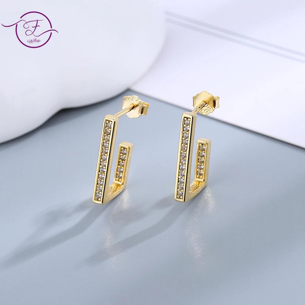 

925 Sterling Silver Stud Earrings Geometry Design Fashion Gold Drop Earrings for Women Inlaid Zircon Party Fine Jewelry Gift
