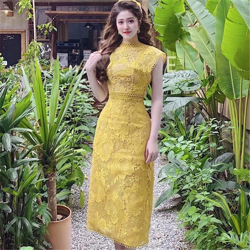 Sleeveless Slim Yellow Evening Dresses for Women Summer Dress Hook Cutout Lace Long Formal Dress Fashion Wedding Party Y2k Dress