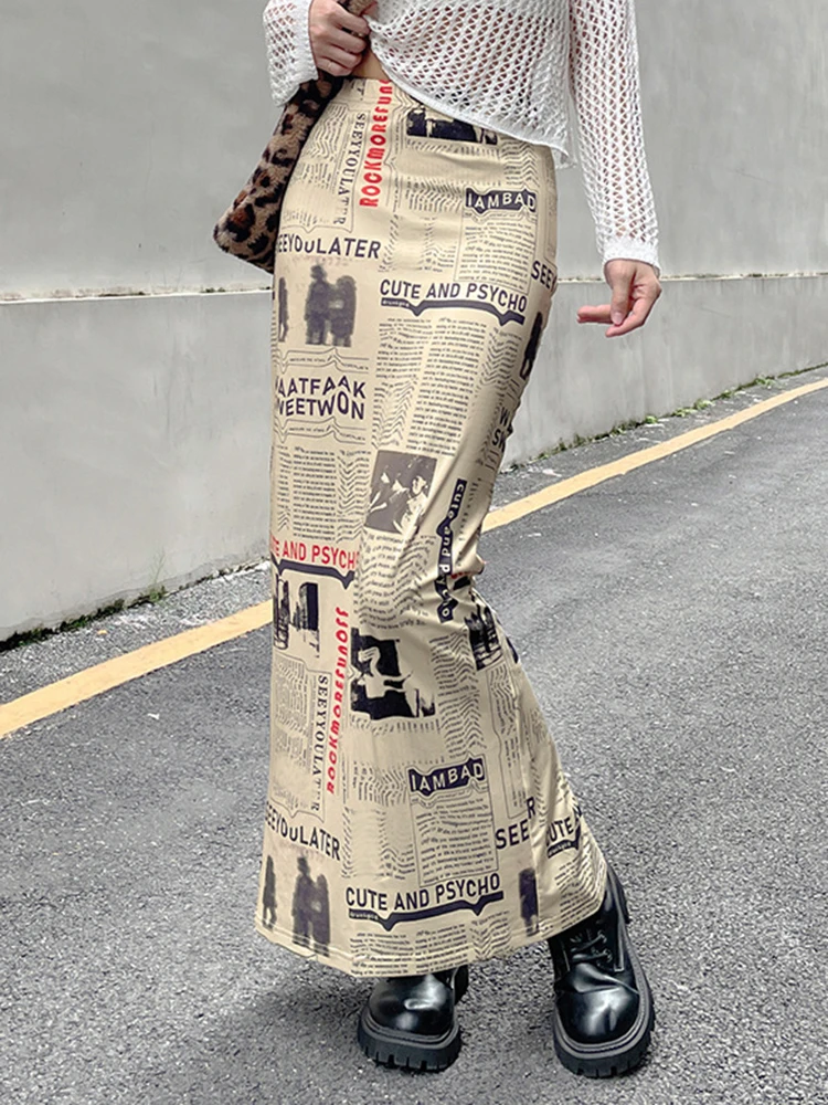 

Sifreyr Khaki Vintage Print Long Skirt Women Fashion Back Split Grunge Straight Skirts 90s Retro Streetwear Casual Maxi Skirts