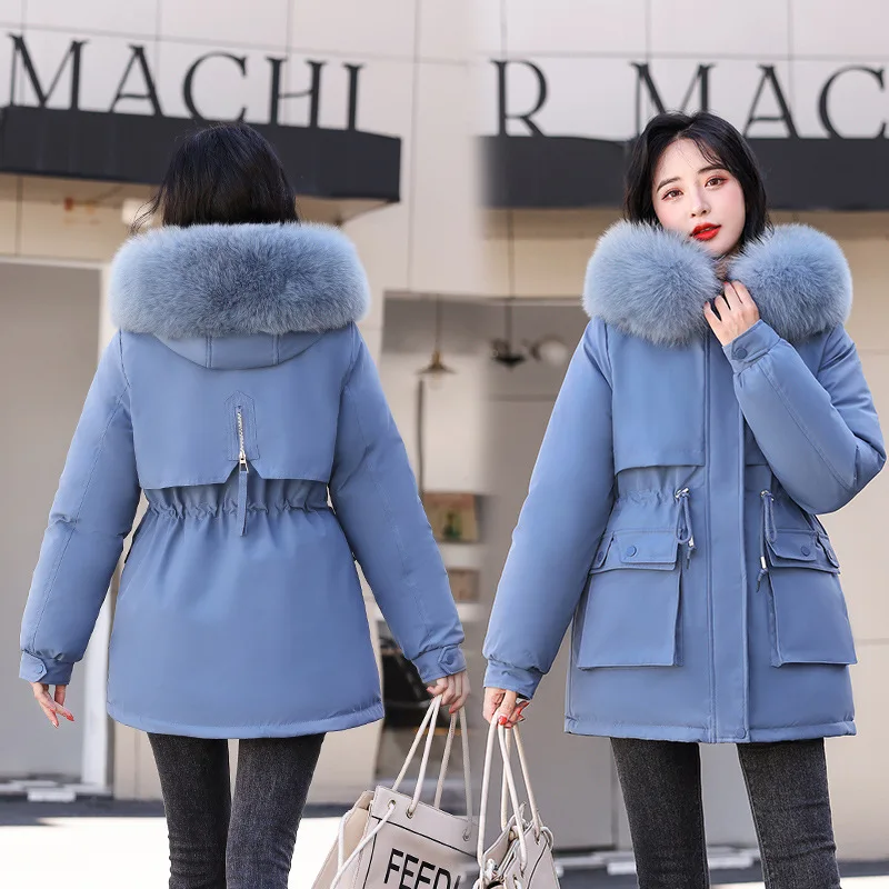 Autumn Winter New Women Hooded Parka Down Jacket Long Over The Knee Plus Velvet Warm Fur Collar Solid Color Large Size Coats
