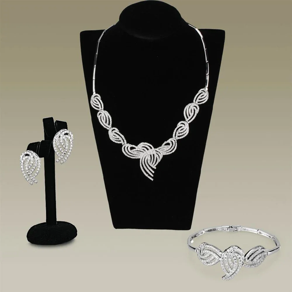 

3W923 - Rhodium Brass Jewelry Sets with AAA Grade CZ in Clear