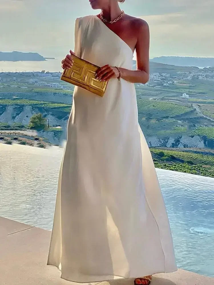 UOOZEE однотонное платье макси на одно плечо женское 2024 новое модное асимметричное