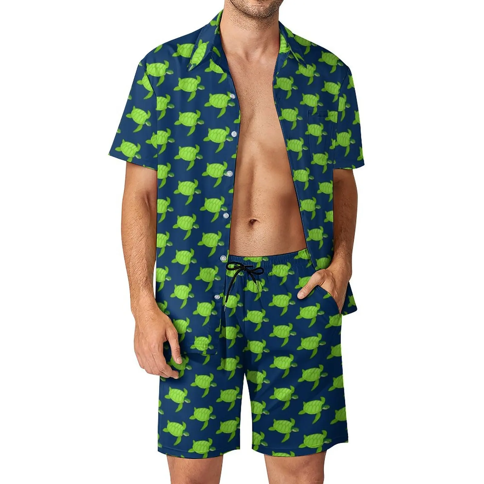 

Мужской комплект из 2 предметов, зеленые, морские, черепахи, Повседневная рубашка с животными, гавайская пляжная одежда, шорты, летний Дизайнерский Костюм