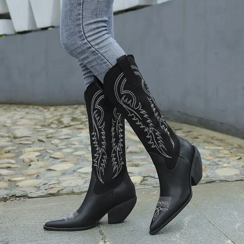 

New Women's Martin Boots Fashion Embroidered Solid Pointed Toe Chelsea Boots All-match Comfortable High Heels Boatas Femininas