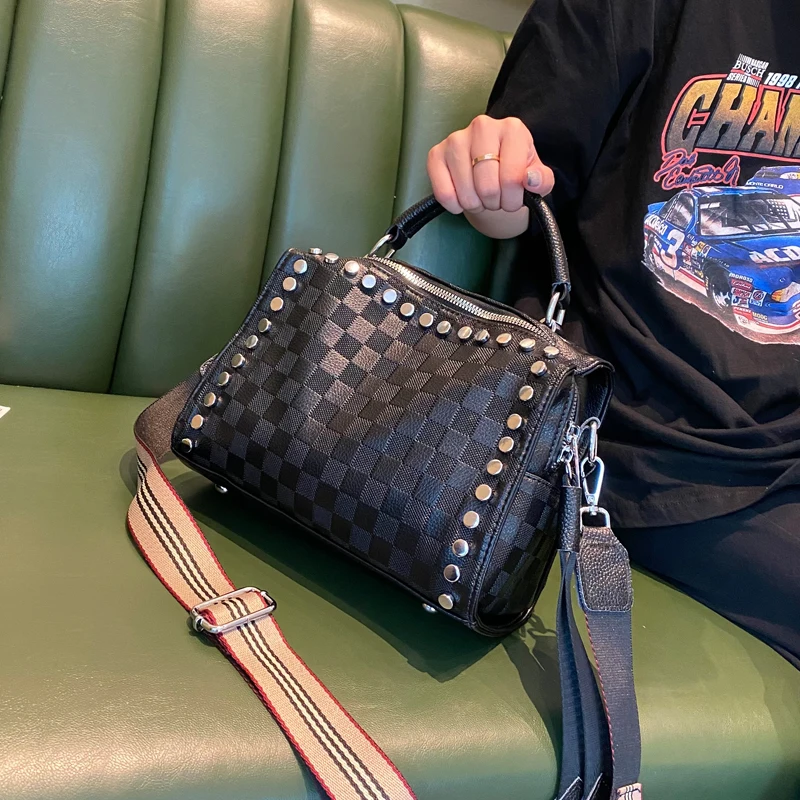 Fancy Print Designer Bag Women Real Leather Handbags Bolsas De Mujer Trendy Sac A Main Rivet Shoulder Sling Bag