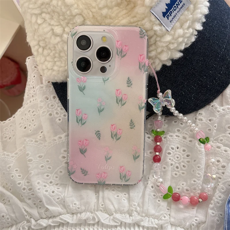 Чехол для телефона с цветами iPhone 16 Pro 15 13 14 Max 15Pro противоударный чехол цепочкой в