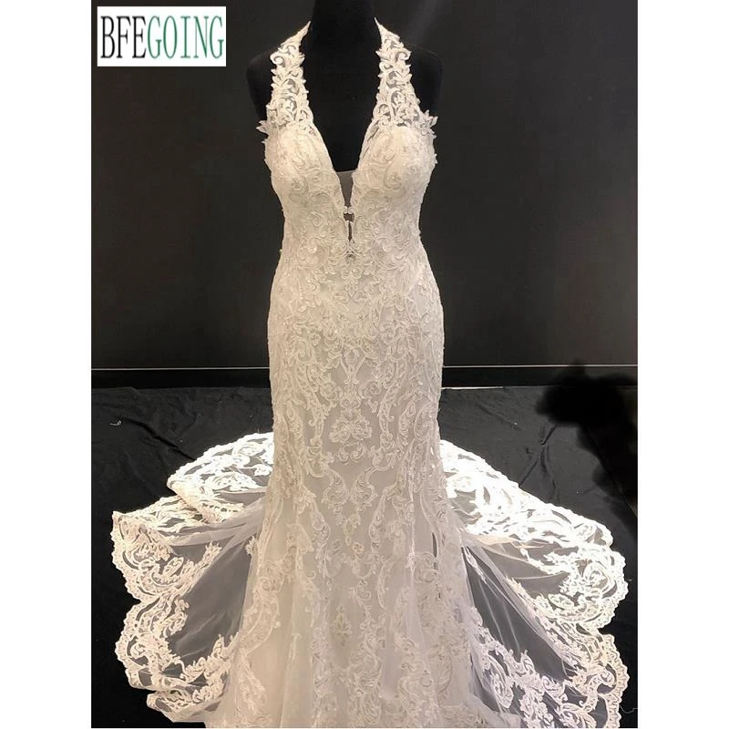 

Ivory Lace Appliques Tulle Mermaid/Trumpet Wedding Dresses Chapel Train Custom Made Floor-Length Bridal Gowns