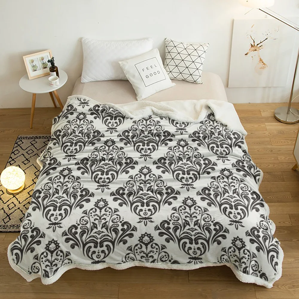 

Black And White Baroque Flower Vine Abstract Cashmere Blanket Thick Winter Bed Lamb Blankets Office Nap Shawl Sofa Bed Bedspread