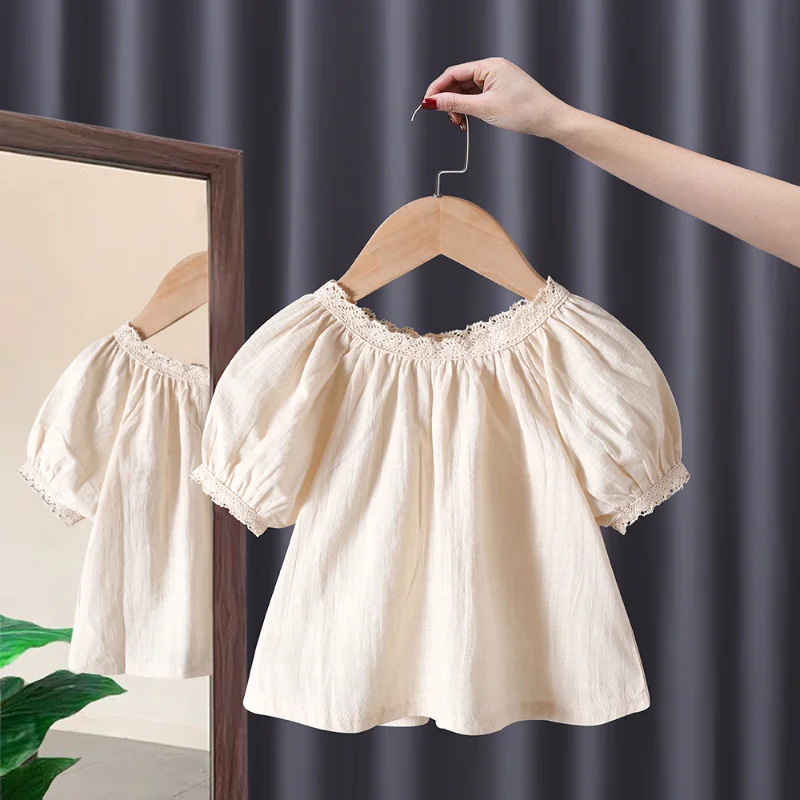 

2023 Girls Shirts Spring Toddler Girl Puff Sleeves Flowers short Sleeve Children Pleats Cotton 0-6Y Lace Tops Clothes