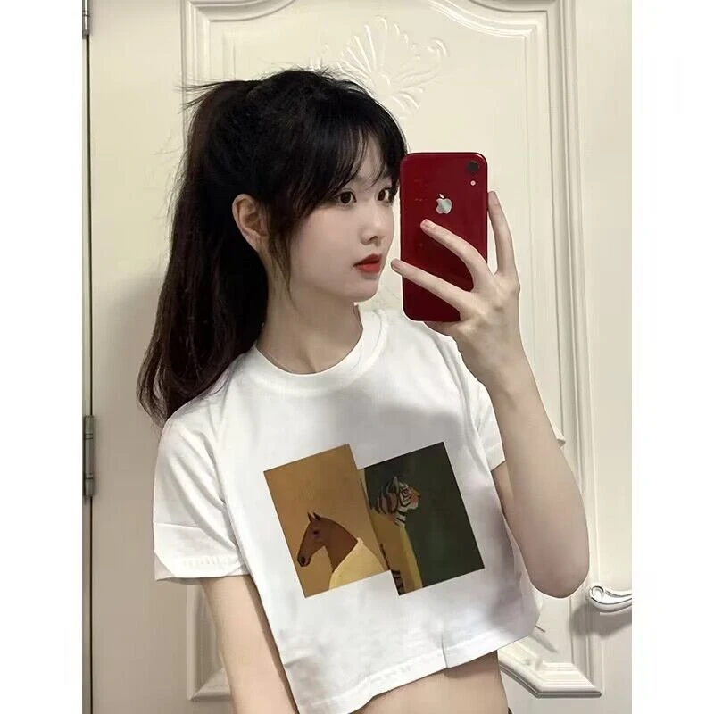 

Gaodinglan Women High Street Print Short Sleeve Tops Harajuku Ladies Cotton T-shirts Round Neck Large Size Short Sexy Tee Shirt