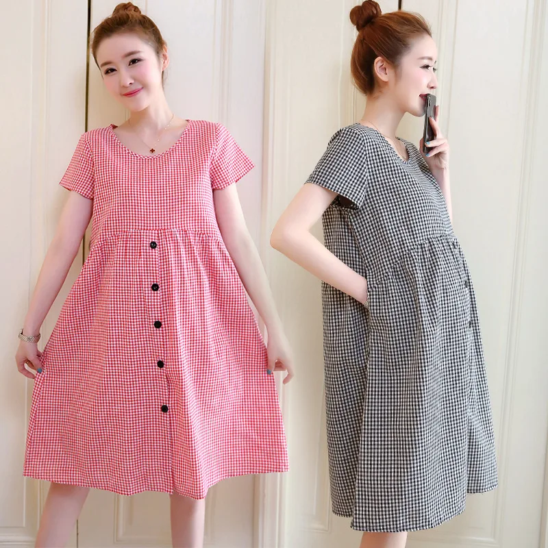 

Fashion Women Korean Style Plaid Cotton Cute Maternity Dress Short Sleeve Sweet Pregnant Dress Comfortable and Breathable