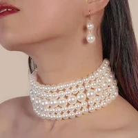 new sweet beautiful statement wide choker necklace set fashion multi layer femme necklaces earrings pearl jewelry sets for women