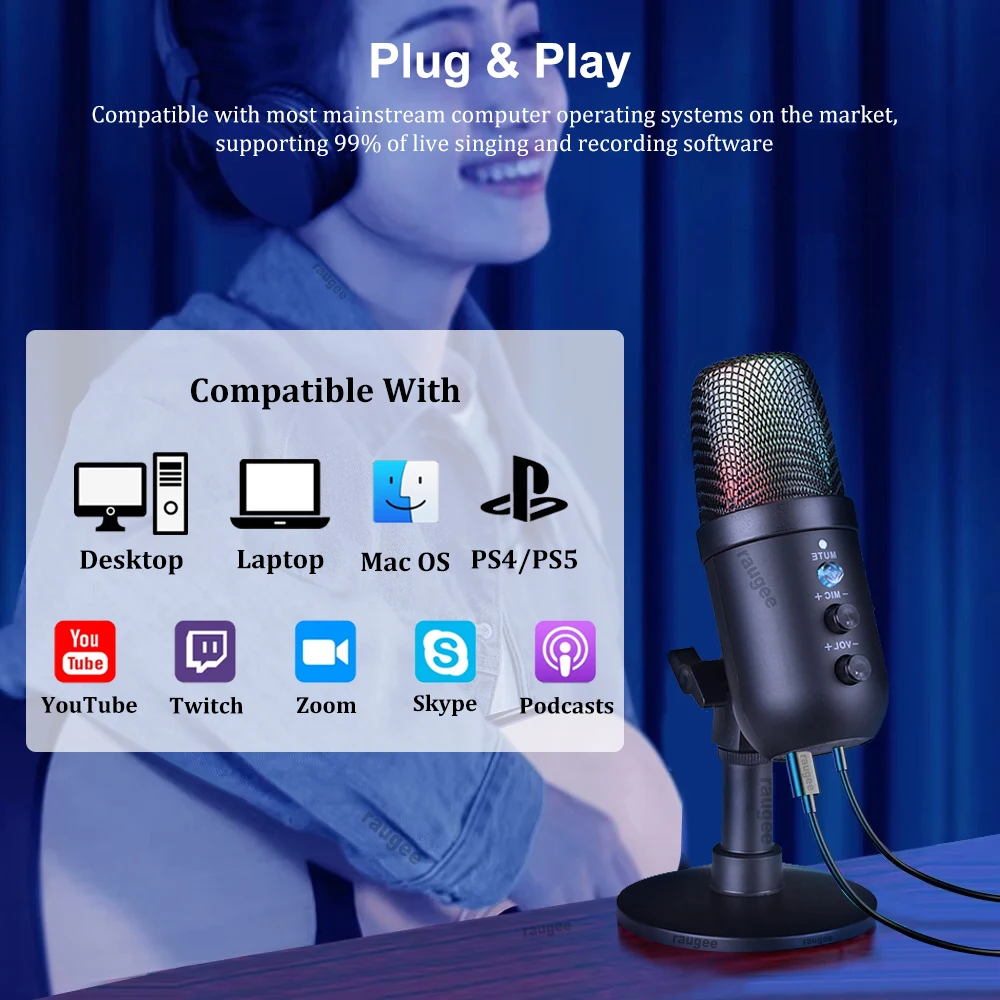 Фото USB-микрофон, профессиональный игровой микрофон, разъем для наушников RGB с шумоподавлением, 3 режима для Youtube, прямая трансляция, дубливочный микрофон №3