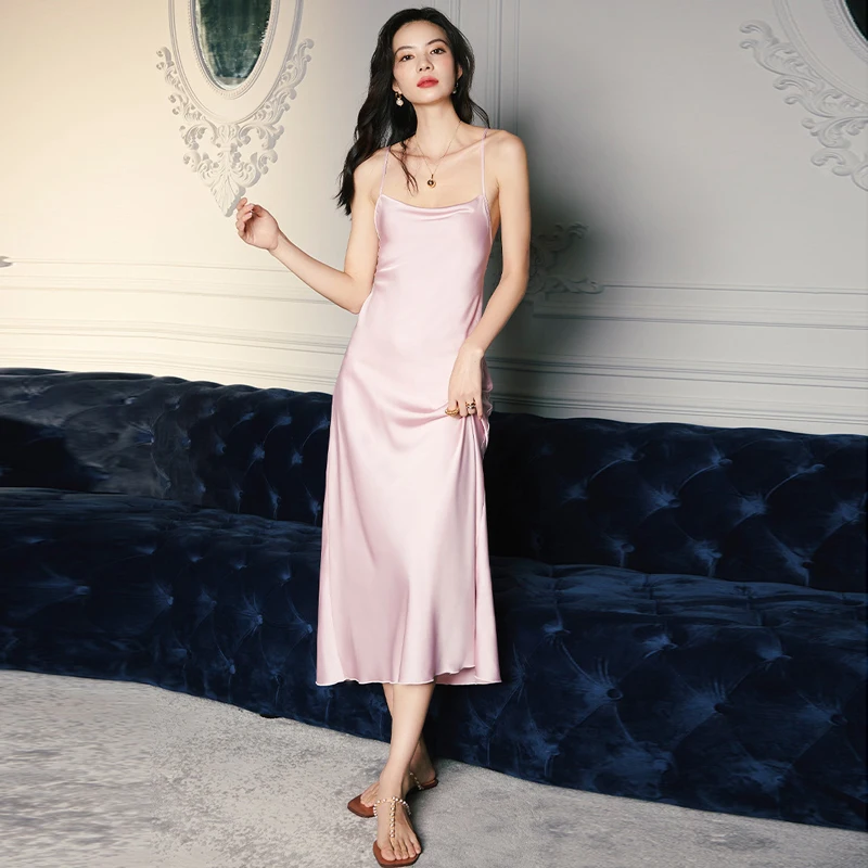 Roseheart Women Fashion Pink Sexy Long Nightdress Faux Silk Nightwear Sleepshirt Nightgown Sleepwear Spaghetti Strap Backless