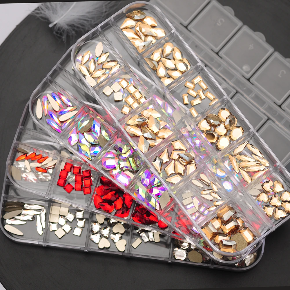 

12Gird Box Multi Size Colorful Non Hotfix Rhinestones Flatback Crystal Diamond Gems 3D Glitter Nail Art For Luxurious Decoration