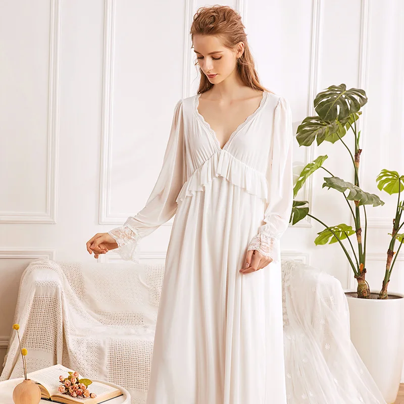 

Palace Princess Style Long Nightdress Sweet Ruffles Women Nightgown Sleepwear Spring Cotton Sleepshirt Sexy V-neck Home Dress