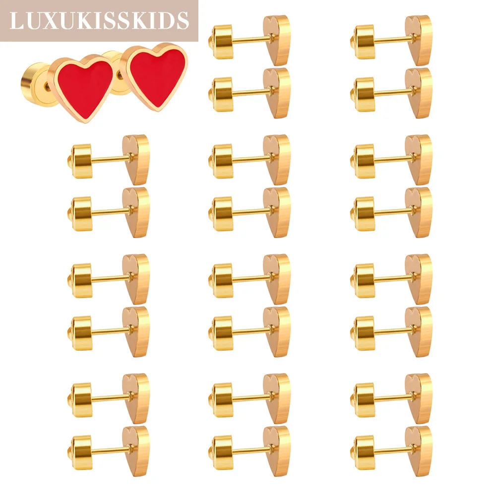 

LUXUKISSKIDS Pink Red Heart Stud Earrings Lovely Cute Wholesale 12pairs Piercing For Women/Girls Acrylic Surgical Steel Jewelry
