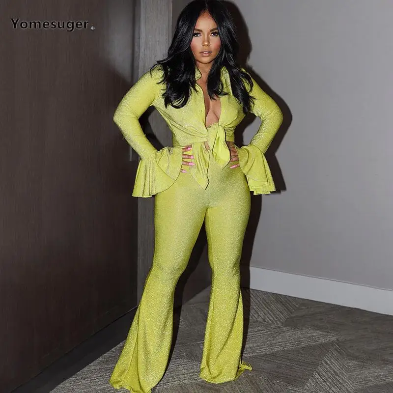 

Женский эластичный комплект Yomesuger, рубашка с расклешенным рукавом и расклешенные брюки, уличный шикарный комплект из двух предметов, спортивный костюм, 2023