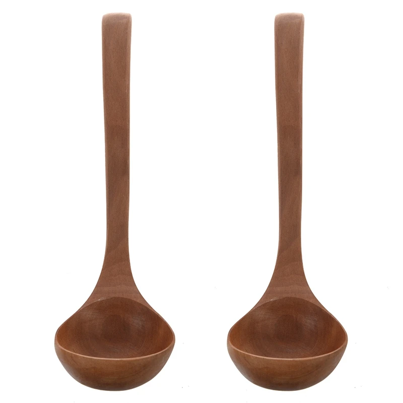 

2X Home Kitchen Tableware Hook End Design Brown Wooden Soup Ladle 11.4 Inch