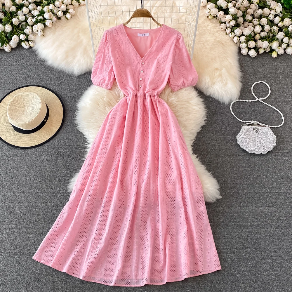 

2022 Seaside vacation big swing dress summer retro puff sleeves waist slim temperament V-neck hollow lace dress women