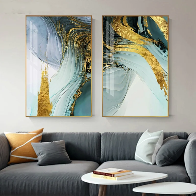 

Green Canvas Art Paintings For Living Room Modern Abstract Golden Lines Posters And Prints Wall Poster Home Decor