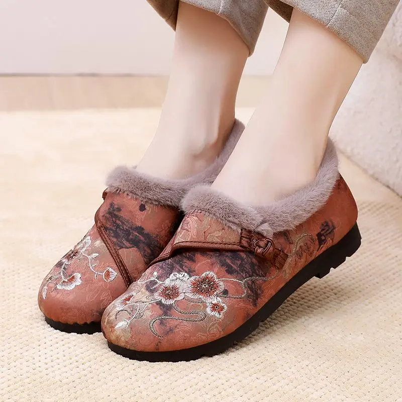 

Women Winter Casual Shoes Retro Moccasins Soft Flat Non-slip Loafers Fashion Comfort Warm Plush Bow Slip on Female Cotton Shoes