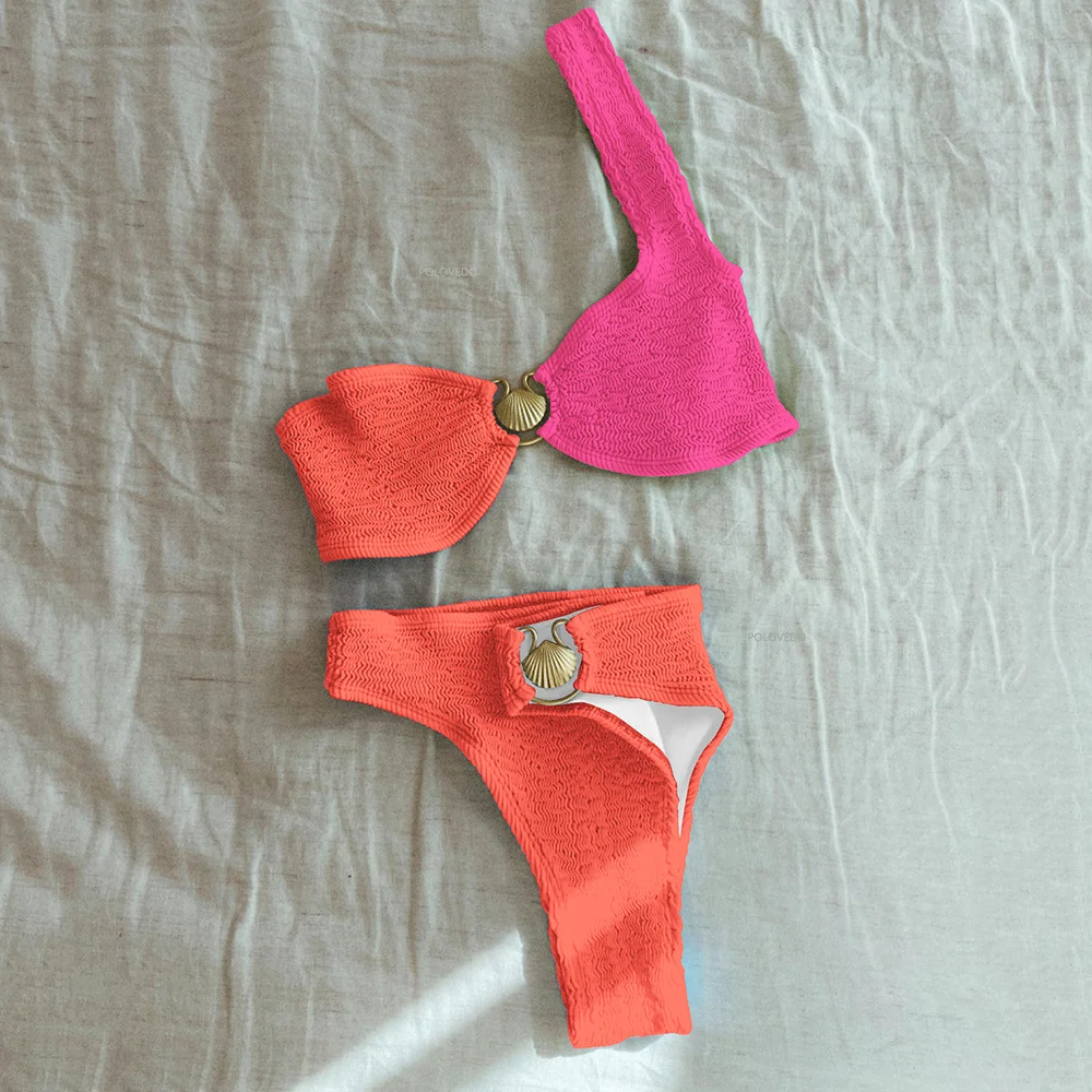 

Sexy Shell One Shoulder Bikini Textured Swimwear Women 2023 High Cut Swimsuit Women Bathing Suits Solid Brazilian Biquinis Set