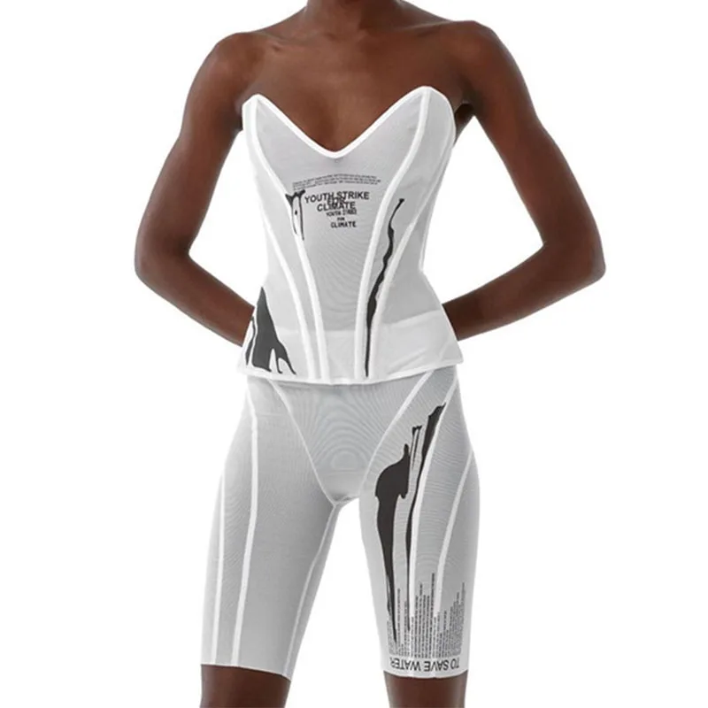 

Женский спортивный костюм из двух предметов, сетчатый прозрачный комплект из двух предметов с принтом букв, Y2K, корсет и узкие шорты, сексуал...