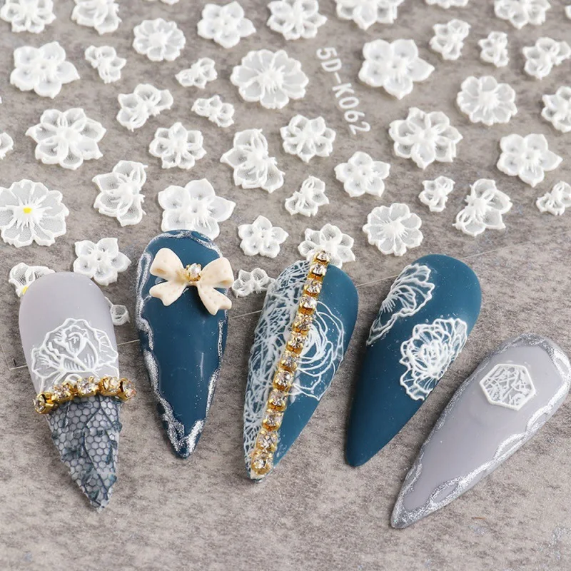 Embossed Nail Sticker Japanese Lace Flower Sticker Three-dimensional Hollow Flower White Nail 5D with Adhesive Nail Decal