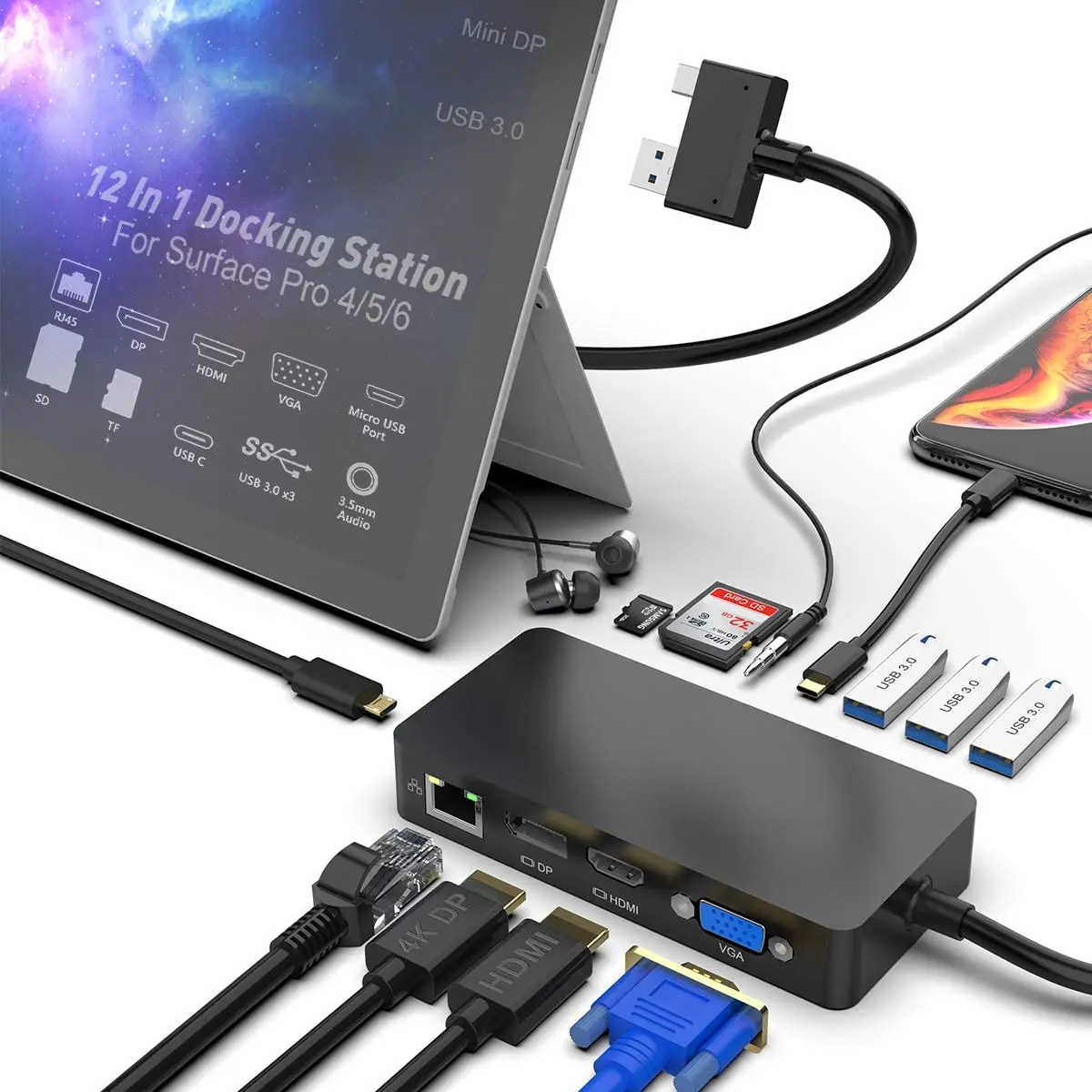 

4K HDMI 3.0 Φ к VGA DP RJ45 универсальная карта памяти USB3.0 порты ноутбука док-станция для surface pro