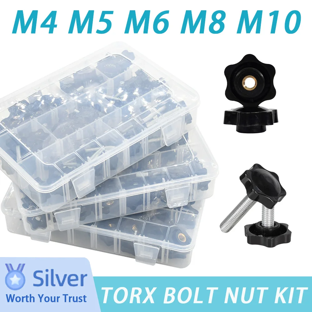 

M4 M5 M6 M8 M10 Hand Knob Tightening Torx Bolt Nut Kit Stars Shape Thread Stainless Steel Machine Screw Bakelite Clamping Bolts