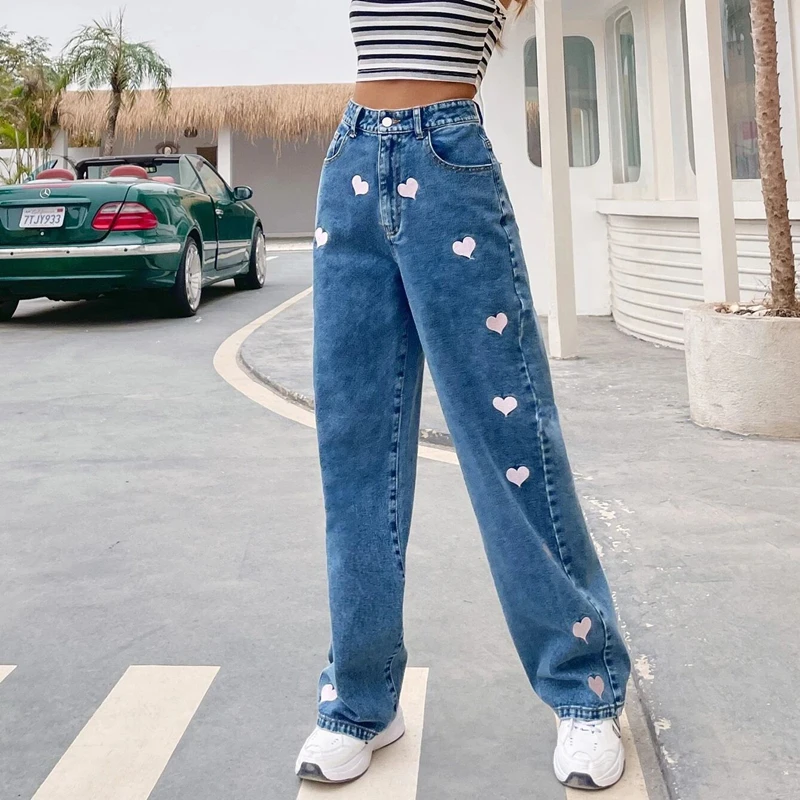 

Y2k Jeans With Patterns 2022 Women Straight Leg Trouser Dark Blue High Waist Denim Pants Street Style Casual Outfits For Ladies
