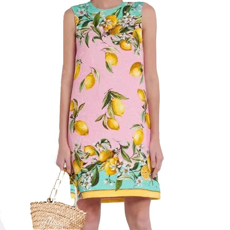 

Qian Han Zi Designer Fashion Runway Summer Dress sleeveless retro lemon floral print Jacquard straight short dress for women