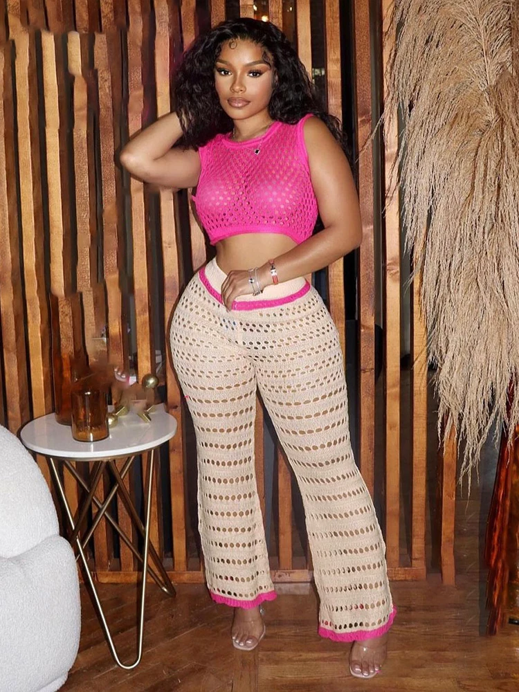 

Weird Puss Knit 2 Piece Set Women See Through Hole Crochet Hipster Tank Tops+Flare Pants Matching Midnight Party Stretch Outfits