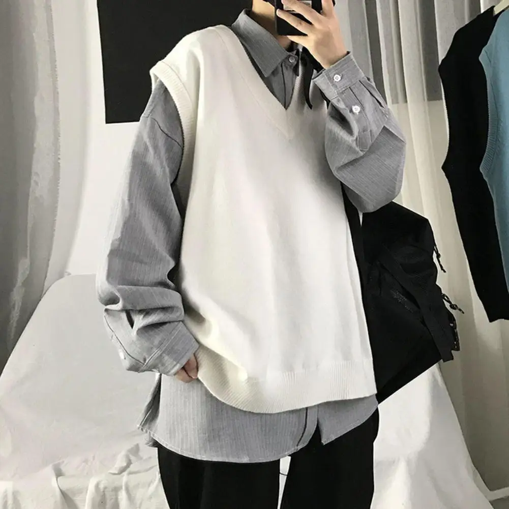 

Anti-shrink Fabulous Oversized Men Sweater Sleeveless Sweater V Neck for School