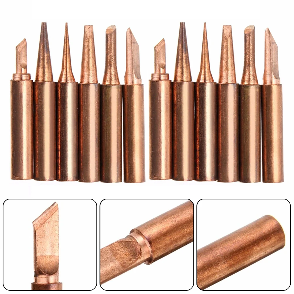 

12pcs 6shapes Copper Soldering Iron Tips 900M-T-B I K D C Lead Free Welding Tool For 936 937 938 969 8586 852D Soldering Station