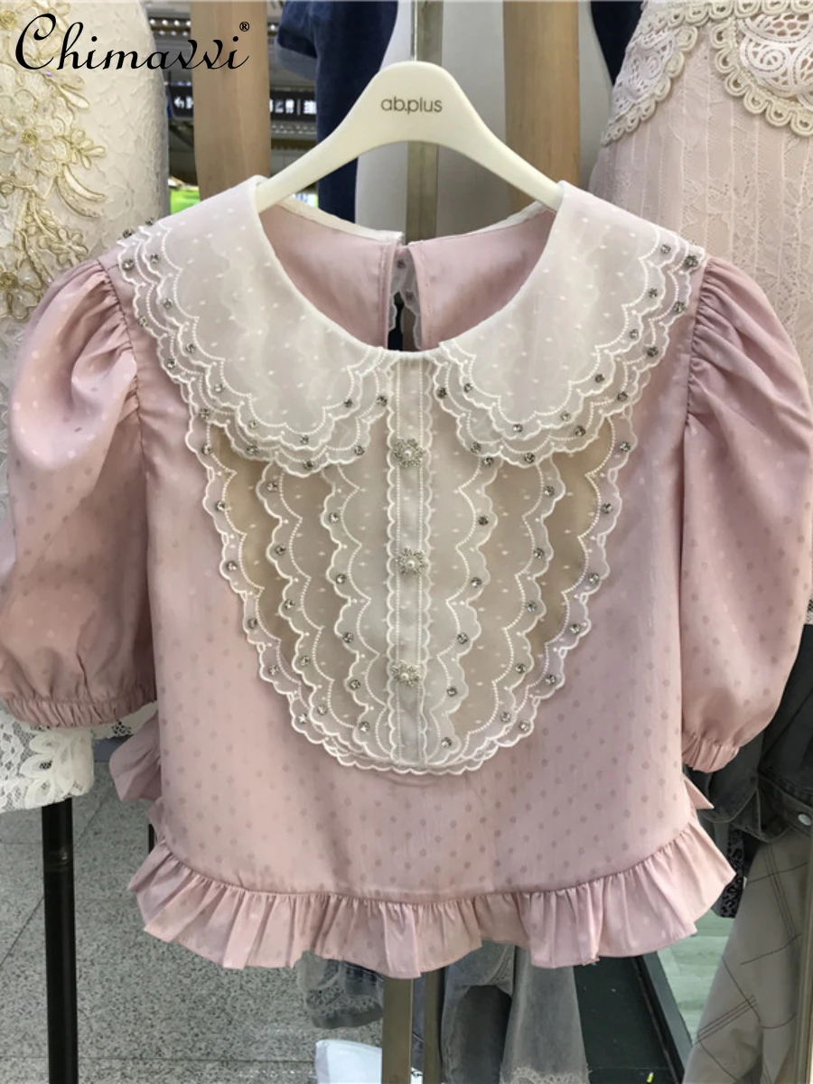 

Exquisite Rhinestone Contrast Color Sweet Shirt Women's 2022 Summer Fashion Peter Pan Collar Puff Sleeve Short Polka Dot Blouse