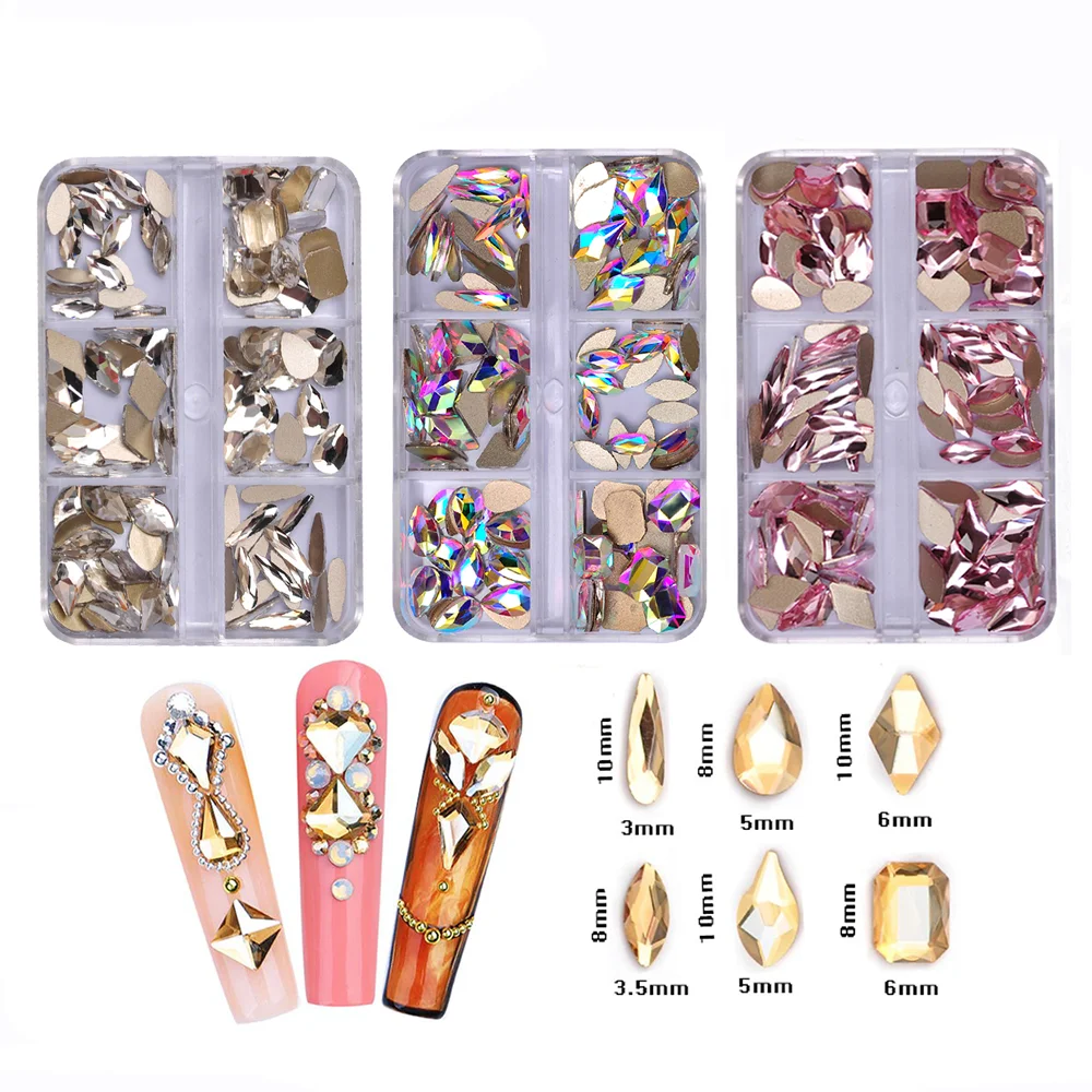 6Grids Box Set Mixed Shape Rhinestones DIY Nail Art 3D Decoration Glass ...
