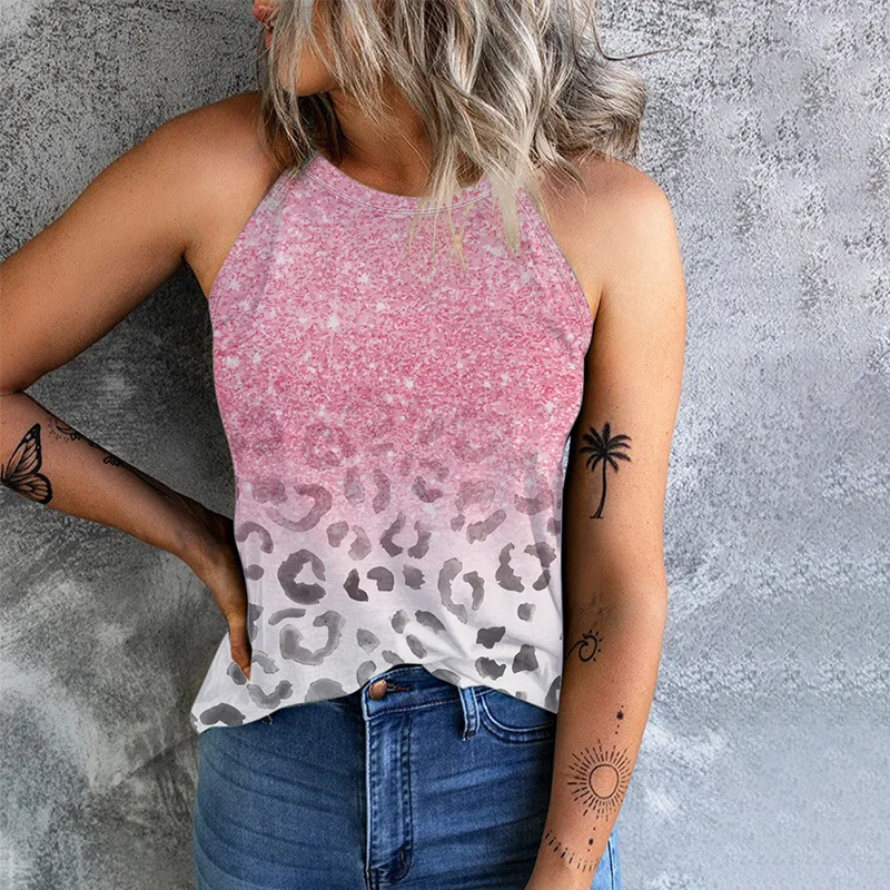 

Leopard Print Gradient Heart Print Vest for Women 2023 New Contrast Color Slim Fit Pullover round Neck Top for Women