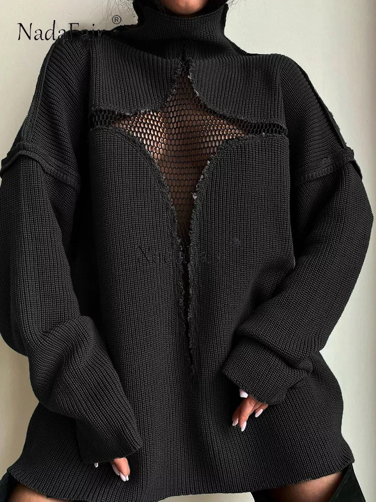 

Nadafair Knitted Sweater Casual Oversized Hollow Out Mesh Jumper Black Sexy Long Sleeve Turtleneck Women Autumn Winter Y2K 2022