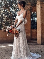 elegant spaghetti strap lace a line wedding dress exquisite tulle appliques bridal gown with tassel vestido de noiva