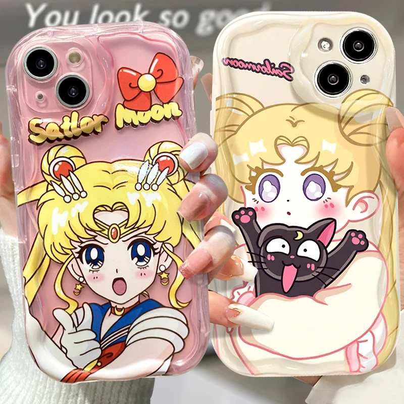 S-Sailors M-Moons 3D Wave Phone Case For Samsung Galaxy S25 S24 S23 S21 S20 FE Plus Ultra 5G Girls Gift Soft Silicone Back Cover