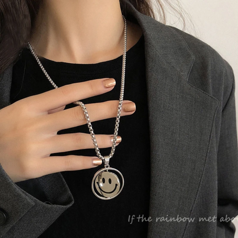 

Punk Rotatable Smiley Face Pendant Necklace for Women Trendy Hip Hop Stainless Steel Chain Necklaces Female Jewelry Couple Gifts