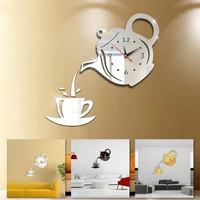creative 3d wall hang art clock sticker acrylic coffee cup teapot self adhesive diy wall clock kitchen home live room decoration