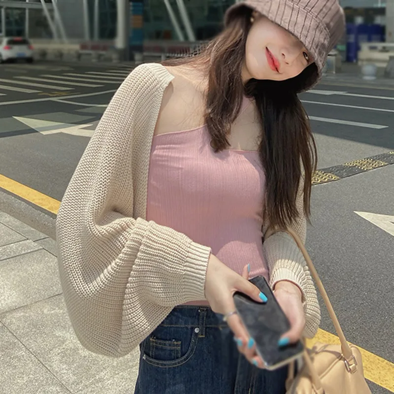 

Long Sleeve Knitted Crop Top Chic Cardigans Women Design Sexy Shawl Irregular Bolero Elegant All-match Korean Style Femme