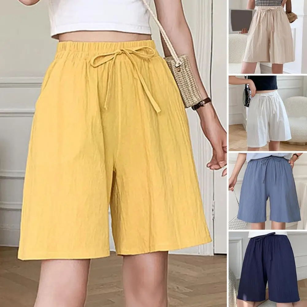 

Women Shorts Solid Color Loose Type Drawstring Elastic Waist Deep Crotch Summer Pants Daily Clothes