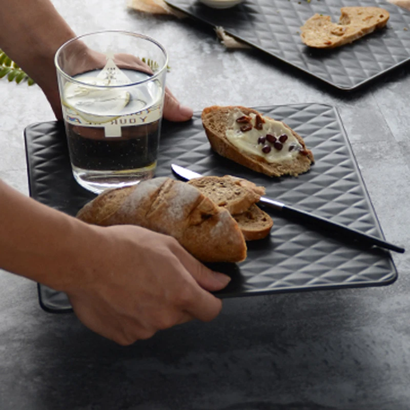 

Nordic Ceramic Plate Bread Plate Matte Black Square Geometric Diamond Flat Plate Dessert Cake Breakfast Plate Home Tableware
