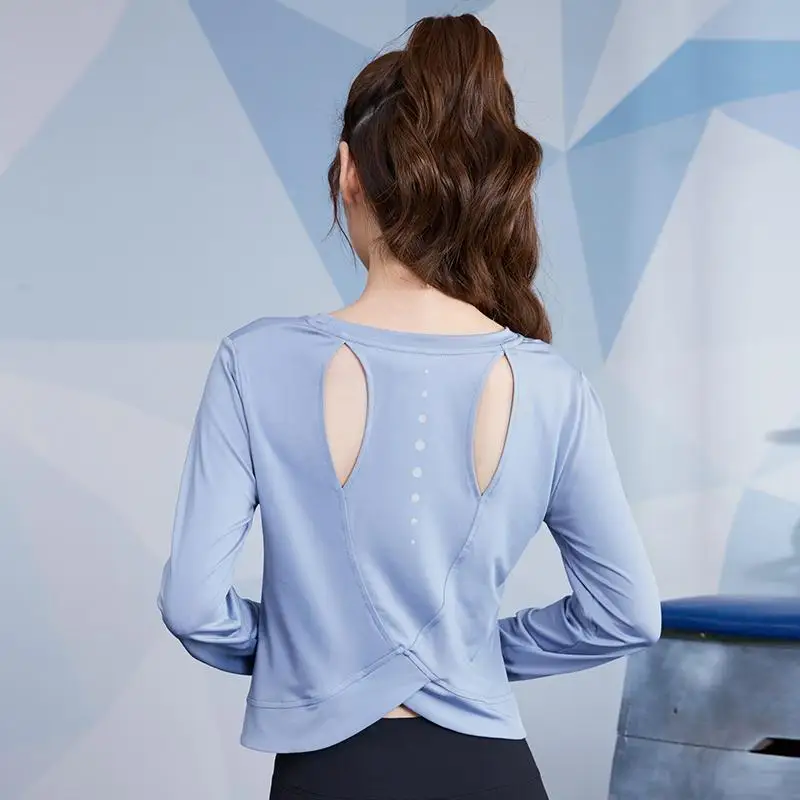 

Open Back Long Sleeve Workout Sport Shirts Women Dance Yoga Tops Training Gym Fitness Activewear Sexy Loose Running Tees E221