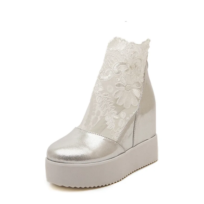 New Women Wedge Platform Black Rubber Lace Leather High heels Lace Sexy Shoes Pointed Toe Height Women's high heels White Silver